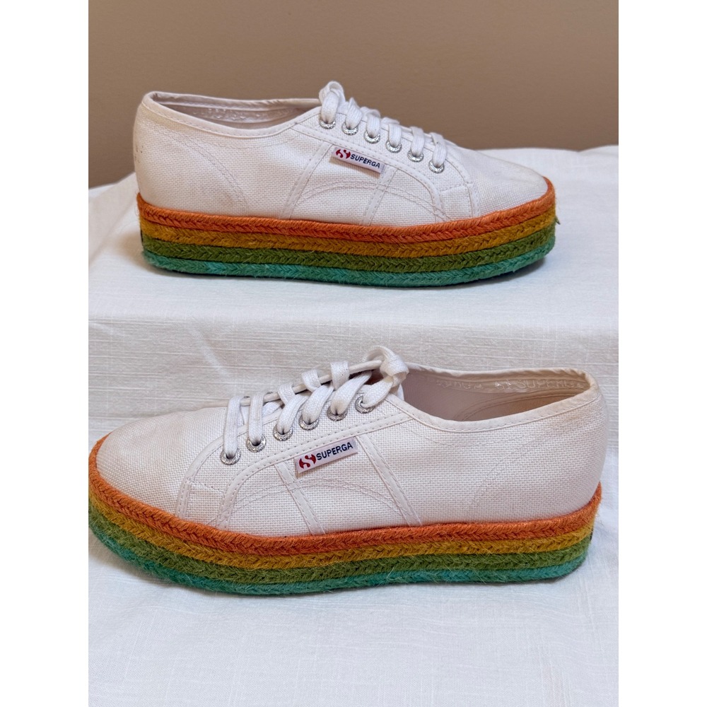 Superga 2790 Platform Sneakers Size 9 White Rainbow Jute Espadrille S00C4Z0